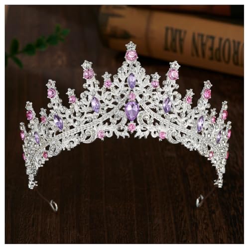 Hrlace Kristall Tiara Prinzessin Krone Hochzeit Braut Kristallkrone Mädchen Damen Strass-Krone Kopfbedeckung Haarschmuck Brautkrone für Hochzeiten Abschlussbälle Geburtstagsfeier silber+rosa lila von Hrlace