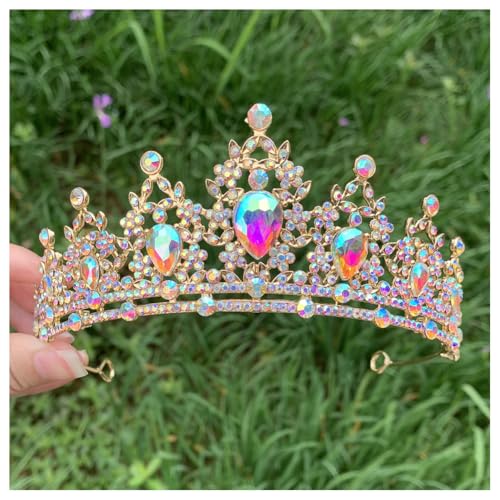 Hrlace Kristallkrone Braut Kopfschmuck Prinzessin Krone Stirnband Kristall Strass Tiara Brautkrone Haarschmuck für Frauen Mädchen Hochzeit Geburtstag Party Festzug Abschlussball Gold+AB von Hrlace
