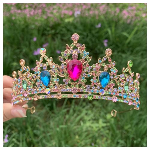 Hrlace Kristallkrone Braut Kopfschmuck Prinzessin Krone Stirnband Kristall Strass Tiara Brautkrone Haarschmuck für Frauen Mädchen Hochzeit Geburtstag Party Festzug Abschlussball Gold+Farbe von Hrlace