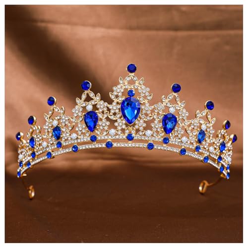 Hrlace Kristallkrone Braut Kopfschmuck Prinzessin Krone Stirnband Kristall Strass Tiara Brautkrone Haarschmuck für Frauen Mädchen Hochzeit Geburtstag Party Festzug Abschlussball Gold+Saphirblau von Hrlace
