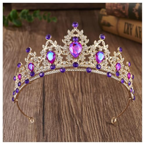 Hrlace Kristallkrone Braut Kopfschmuck Prinzessin Krone Stirnband Kristall Strass Tiara Brautkrone Haarschmuck für Frauen Mädchen Hochzeit Geburtstag Party Festzug Abschlussball Gold+Violett AB von Hrlace