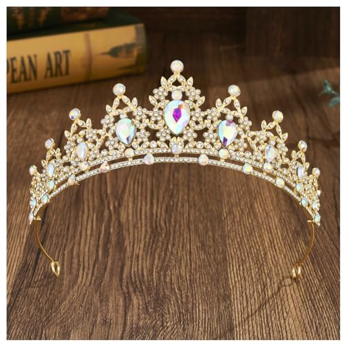 Hrlace Kristallkrone Braut Kopfschmuck Prinzessin Krone Stirnband Kristall Strass Tiara Brautkrone Haarschmuck für Frauen Mädchen Hochzeit Geburtstag Party Festzug Abschlussball Gold+Weiß+AB von Hrlace