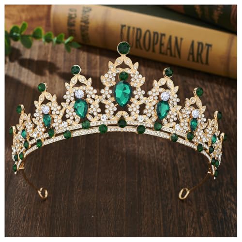 Hrlace Kristallkrone Braut Kopfschmuck Prinzessin Krone Stirnband Kristall Strass Tiara Brautkrone Haarschmuck für Frauen Mädchen Hochzeit Geburtstag Party Festzug Abschlussball Gold-Grün von Hrlace