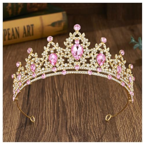 Hrlace Kristallkrone Braut Kopfschmuck Prinzessin Krone Stirnband Kristall Strass Tiara Brautkrone Haarschmuck für Frauen Mädchen Hochzeit Geburtstag Party Festzug Abschlussball Gold-Rosa von Hrlace