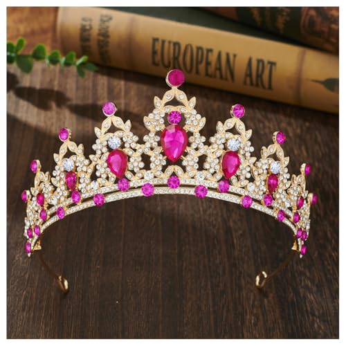 Hrlace Kristallkrone Braut Kopfschmuck Prinzessin Krone Stirnband Kristall Strass Tiara Brautkrone Haarschmuck für Frauen Mädchen Hochzeit Geburtstag Party Festzug Abschlussball Gold-Rosarot von Hrlace