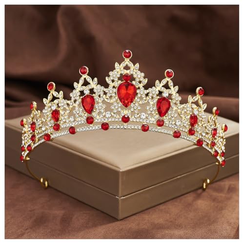 Hrlace Kristallkrone Braut Kopfschmuck Prinzessin Krone Stirnband Kristall Strass Tiara Brautkrone Haarschmuck für Frauen Mädchen Hochzeit Geburtstag Party Festzug Abschlussball Gold-Rot von Hrlace