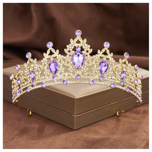 Hrlace Kristallkrone Braut Kopfschmuck Prinzessin Krone Stirnband Kristall Strass Tiara Brautkrone Haarschmuck für Frauen Mädchen Hochzeit Geburtstag Party Festzug Abschlussball Gold-Violett von Hrlace