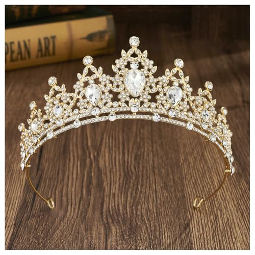 Hrlace Kristallkrone Braut Kopfschmuck Prinzessin Krone Stirnband Kristall Strass Tiara Brautkrone Haarschmuck für Frauen Mädchen Hochzeit Geburtstag Party Festzug Abschlussball Gold-Weiß von Hrlace