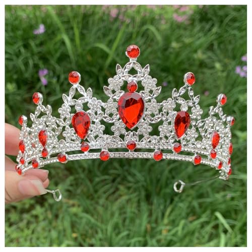 Hrlace Kristallkrone Braut Kopfschmuck Prinzessin Krone Stirnband Kristall Strass Tiara Brautkrone Haarschmuck für Frauen Mädchen Hochzeit Geburtstag Party Festzug Abschlussball Silber+Rot von Hrlace