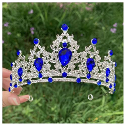Hrlace Kristallkrone Braut Kopfschmuck Prinzessin Krone Stirnband Kristall Strass Tiara Brautkrone Haarschmuck für Frauen Mädchen Hochzeit Geburtstag Party Festzug Abschlussball Silber+Saphirblau von Hrlace
