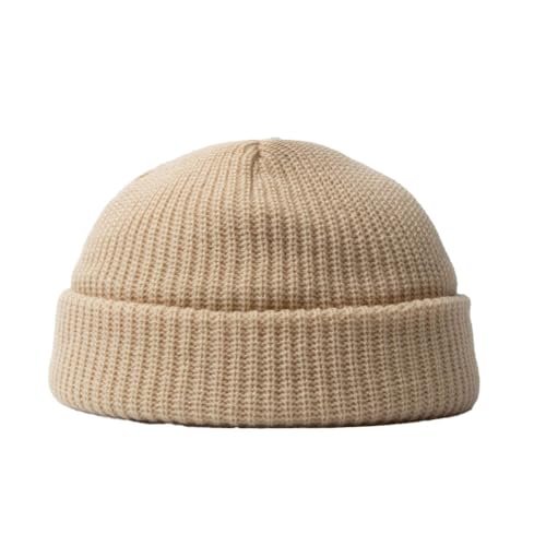 Hrlace Kurze Fischermütze für Herren und Damen mit Bündchen Wintermütze Warme Strickmütze Wollmütze Beanie Trawler Skullcap Weich Slouchy Dicke Bündchen Atmungsaktivem Unisex Beige von Hrlace