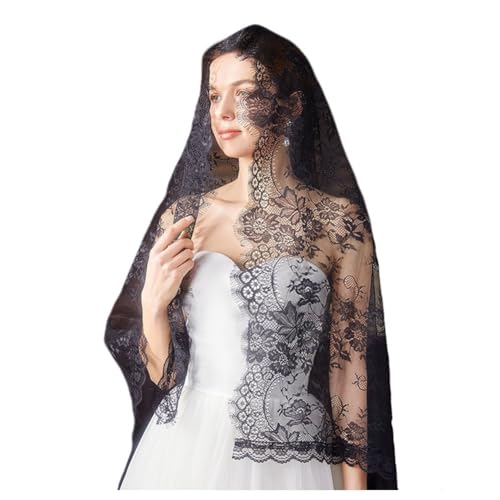 Hrlace Mantilla Schleier Spitze Kirche Katholische Kirchenschleier Vintage Massenschleier Kapellenschleier Kopfbedeckung Spitzenschleier für Braut Hochzeit Abend Prom Party Kostüm Schwarz 145x75cm von Hrlace