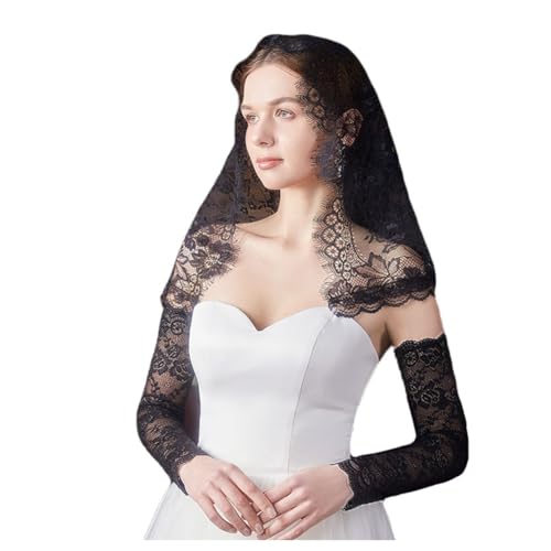 Hrlace Mantilla Schleier Spitze Kirche Katholische Kirchenschleier Vintage Massenschleier Kapellenschleier Kopfbedeckung Spitzenschleier für Braut Hochzeit Abend Prom Party Kostüm Schwarz 88x58cm von Hrlace