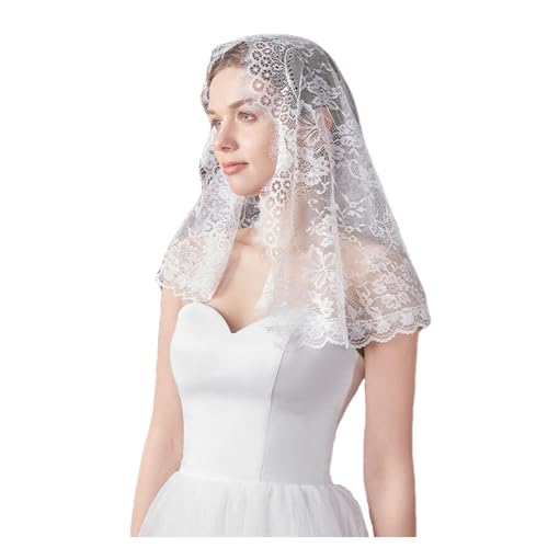 Hrlace Mantilla Schleier Spitze Kirche Katholische Kirchenschleier Vintage Massenschleier Kapellenschleier Kopfbedeckung Spitzenschleier für Braut Hochzeit Abend Prom Party Kostüm Weiß 88x58cm von Hrlace