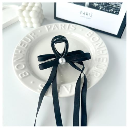 Hrlace Schleife Haarklammer Damen Haarschleife Haarspangen Schleife Haarkralle Clips Haarklammern mit Quaste Band Schleife und langem Schwanz Mittelgroße Haarspangen für Frauen Mädchen Perle Schwarz von Hrlace