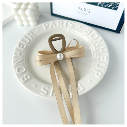 Hrlace Schleife Haarklammer Damen Haarschleife Haarspangen Schleife Haarkralle Clips Haarklammern mit Quaste Band Schleife und langem Schwanz Mittelgroße Haarspangen für Frauen Mädchen Perle Khaki von Hrlace