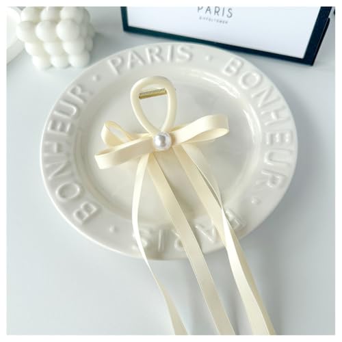 Hrlace Schleife Haarklammer Damen Haarschleife Haarspangen Schleife Haarkralle Clips Haarklammern mit Quaste Band Schleife und langem Schwanz Mittelgroße Haarspangen für Frauen Mädchen Perle weiß von Hrlace