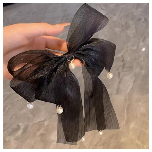 Hrlace Schleifen Haarspangen Damen Haarspange mit Perle langer Schwanz Haarschleifen Clip Einfarbige weicher Stoff Haarnadel Haarspangen mit Große Schleife Haarschmuck für Mädchen Frauen Schwarz von Hrlace