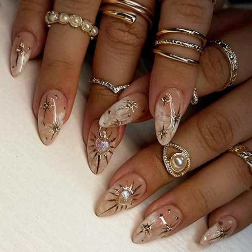 24 Pcs Glänzende Französische Mandelpresse Auf Nägeln Mit Star Moon Sun Designs Nägel Art Acrylstab Auf Nägeln Für Damen von Hrtyvhin