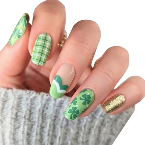 Drücken Auf Nägel Französische Spitze Falsche Nägel Grüne Shamrock Glitzer Full Covers Acrylstab Auf Nägeln Für Frauen Und Mädchen von Hrtyvhin