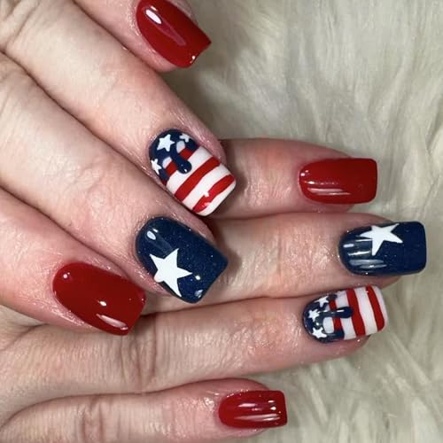 Independence Day Short Square False Nails Glossy Star Designs 24PCS Press Auf Nägel Maniküre Für Frauen Und Mädchen von Hrtyvhin