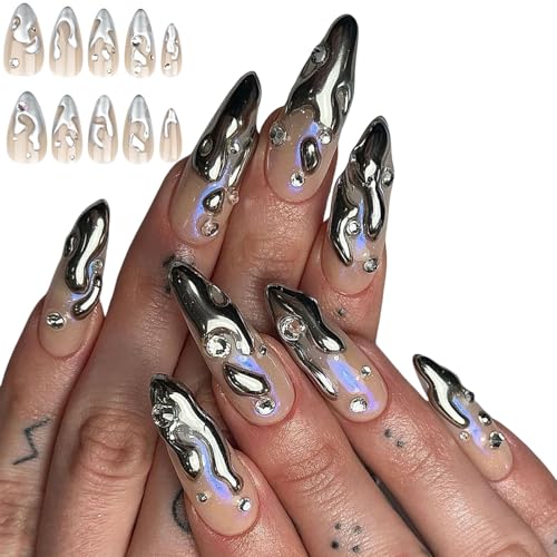 Mandel False Nails Set Mit 3D Silber Glänzender Stick Auf Nägeln Enthält Anwendungswerkzeuge Für Frauen von Hrtyvhin