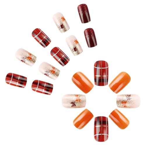 Quadratische Acryl Falsche Nägel Mit Glitzern Und Ahornblättern Full Covers Drücken Auf Nägel 24 Pcs Für Frauen von Hrtyvhin