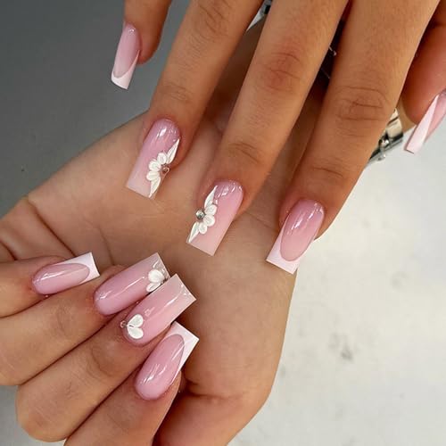 Quadratische Presse Auf Nägeln Hochglänzende Französische Spitze Voll Bedeckt Falsche Nägel Acrylstab Auf Nägeln Maniküren Für Frauen 24pcs von Hrtyvhin