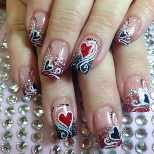 Valentinstag Kurzpresse Auf Nägeln Mit Glitzern Linien Und Herzmuster Nägel Kunst False Nägel Für Frauen von Hrtyvhin