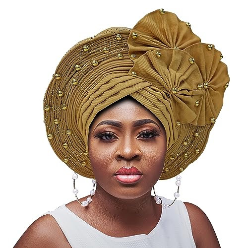 Nigerianische Gele Headties mit Perlen und Steinen, afrikanische Kopfbedeckung für Frauen, bereits für Partys gemacht (Gold) von HsHdesign