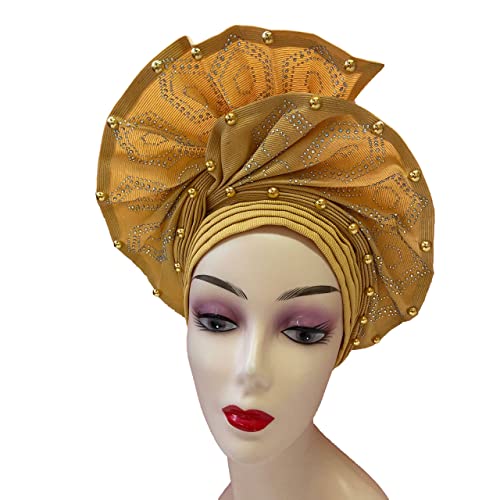 Nigerianischer Luxus Aso Oke Headtie, afrikanische Headtie Frauen Stirnbänder Kopf Wrap Turban Cap Auto Gele Headties Femme Kopftuch Kopfbedeckung Nähen Stoff für Party (Gold) von HsHdesign