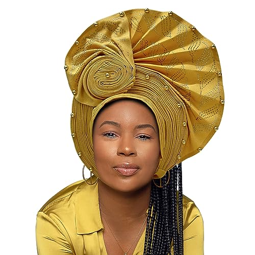 Nigerianischer Luxus Aso Oke Headtie, afrikanische Headtie Frauen Stirnbänder Kopf Wrap Turban Cap Auto Gele Headties Femme Kopftuch Kopfbedeckung Nähen Stoff für Party (Gold) von HsHdesign