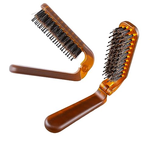 2 Stück Klapp Faltbare Haarbürste, Klapp Pocket Haarbürste Mini Haarkamm mit Wildschweinborsten, Bristle Faltbare Haarbürste, Reisegröße Haarmassage Kamm für Reisetasche Frauen Männer Kinder von HsentimenH