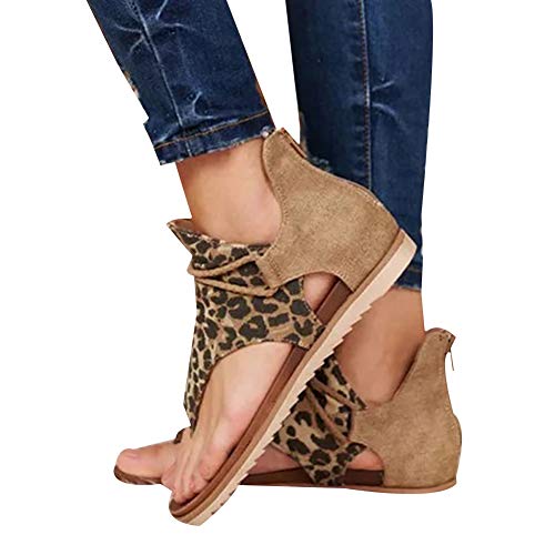 Damen Flache Sandalen Damen Mode Sommer Sandalen Thong Flache Sandalen Leopard Schlange Zebra Print Strand Sandalen Flache Schuhe Böhmen Casual Riemchensandalen Gr. 38, dunkler Leopardenmuster von HshDUti