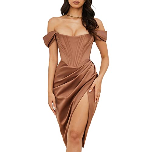 Damen Off Shoulder Split Langes Kleid Abendpartykleid formelles Kleid drapiert Sommerkleider Sexy Elegant Rückenfrei Bodycon Cocktail Party Nachtclub Kleid Midikleid Hochzeit Gästekleid Braun XL von HshDUti