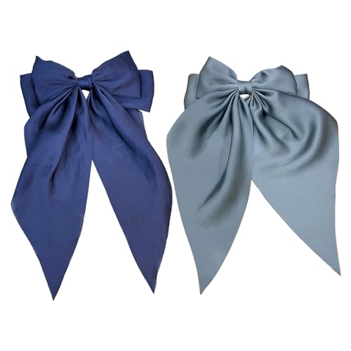 Haarspangen mit großer Schleife und langem seidigem Satin, einfarbig, französische Haarspange, schlichtes Accessoire für Damen und Mädchen, Marineblau und Graublau, 2 Stück von HshDUti