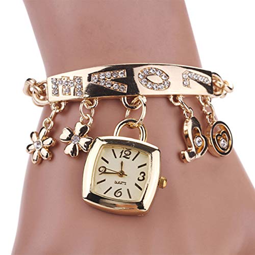 HshDUti Armband Uhren Frauen Edelstahl Band Uhren Damen Mode Casual Quarzuhr Strass Blume Herz Liebe Anhänger Armreif Uhr Armbanduhr Schmuck Geschenke Golden von HshDUti