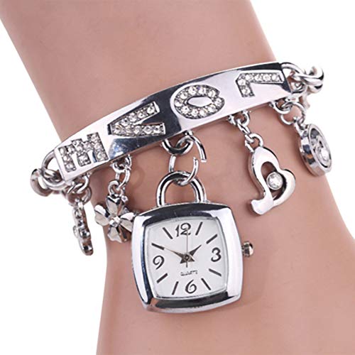HshDUti Armband Uhren Frauen Edelstahl Band Uhren Damen Mode Casual Quarzuhr Strass Blume Herz Liebe Anhänger Armreif Uhr Armbanduhr Schmuck Geschenke Silber von HshDUti