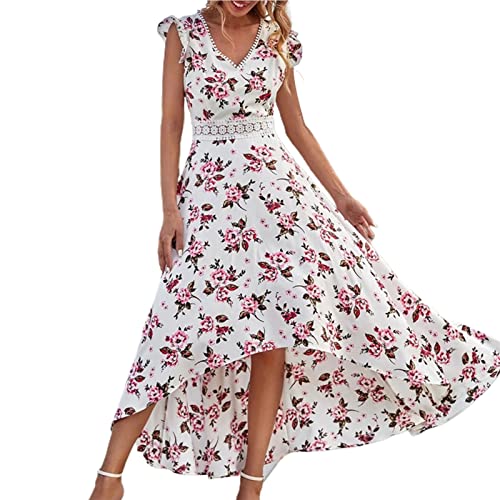 HshDUti Damen Floral Lang Maxikleid Boho Ärmellos V-Ausschnitt Hohe Taille Saum Sommerkleid Strandkleider Cocktail Abendparty Kleid Damen Maxikleider Casual Lose Langes Kleid Weiß M von HshDUti