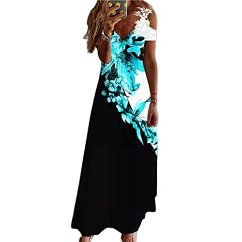 HshDUti Damen Kleid Sommer Casual V Ausschnitt Blumendruck Damen Maxikleid Kalte Schulter Langes Kleid Boho Schulterfrei Lose A Linie Kleid Spaghettiträger Kleid Grün&Schwarz 3XL von HshDUti