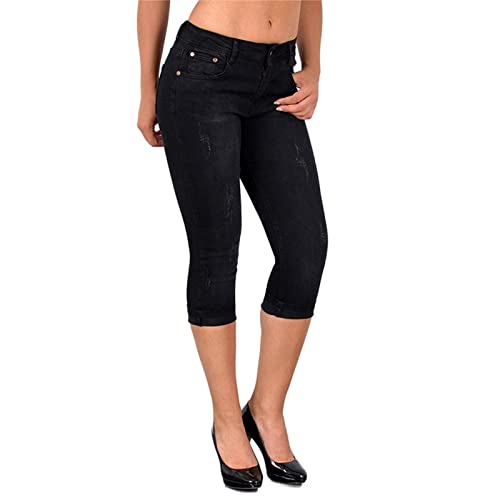 HshDUti Damen Mid-Rise Slim Fit Capris Pants Skinny Jeans Damen Denim Cropped Hose Causal Sommer Drei Viertel 3/4 Länge Shorts Schwarz 2XL von HshDUti