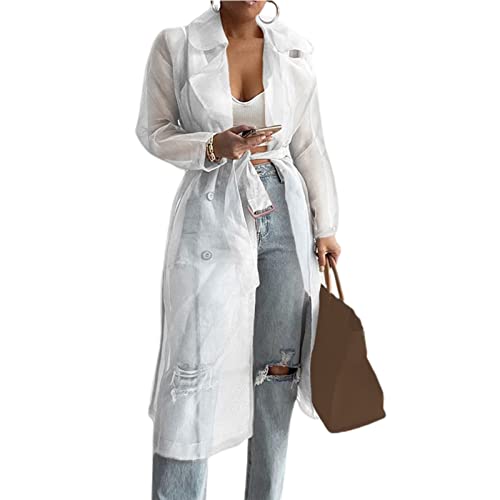 HshDUti Damen Mode Durchsichtiger Trenchcoat Schnürer Sommer Frühling Solide Durchsichtige Mesh Langarm Knopf Mantel Hemd Oberbekleidung Strickjacke Lange Jacke Weiß M von HshDUti