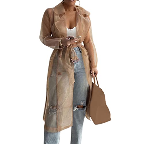 HshDUti Damen Mode durchsichtig Trenchcoat Lace Up Sommer Frühling Solide Sheer Mesh Langarm Knopf Mantel Hemd Oberbekleidung Cardigan Lange Jacke Khaki S von HshDUti