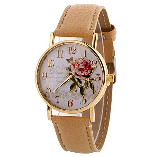 HshDUti Damenmode Rose Blume Bedrucktes rundes Zifferblatt Kunstleder Armband Quarz Analog Armbanduhr Damen Uhren Mädchen Weihnachten Geburtstag Geschenke Beige von HshDUti
