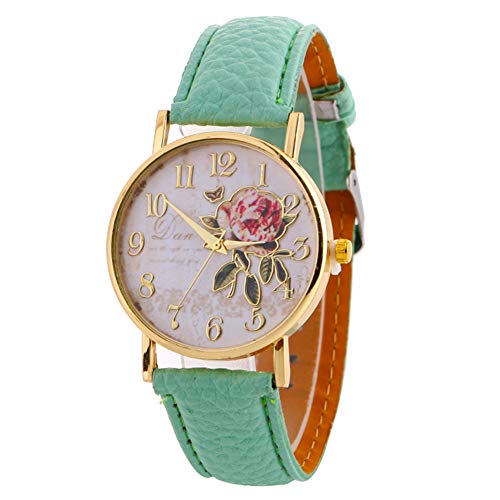 HshDUti Damenmode Rose Blume Bedrucktes rundes Zifferblatt Kunstleder Armband Quarz Analog Armbanduhr Damen Uhren Mädchen Weihnachten Geburtstag Geschenke Hellblau von HshDUti
