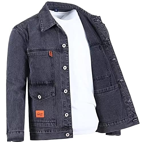 HshDUti Herren Denim Jeans Trucker Jacke Mäntel Casual Lange Ärmel Mid Lang Denim Jacke Jeans Biker Mantel Herbst Frühling Jeansjacke Grau M von HshDUti