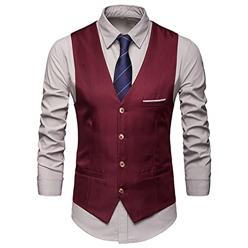 HshDUti Herren formelle Hochzeit Party Weste Einfarbig Business Fit Anzug Weste Herren Casual Business Westen Leichte Weste Slim Fit Anzug Weste Herren Anzug Weste Herren Anzug Weste Weinrot XL von HshDUti