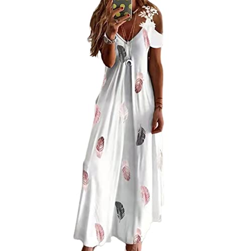 HshDUti Sommerkleider für Frauen Clearance Feder Floral Gedruckt Party Elegant Bohemian Off Shoulder Lose Kurzarm A-Linie Maxi Langes Kleid Damen Maxi Kleider Plus Size Sexy Kleid Weiß 3XL von HshDUti