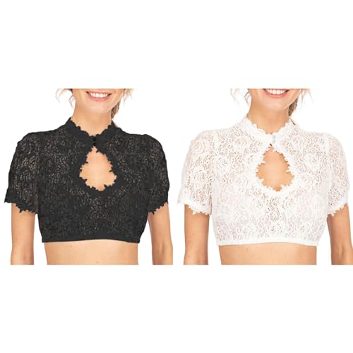 2er Pack Dirndl Bluse Damen Spitze Kurzarm Oktoberfest Trachtenbluse Dirndlbluse Hochgeschlossen Halbarm Dirndlblusen Weiß Schwarz Elegant Tracht Bluse Oktoberfest Trachtenmode Festival Outfit von Hsternexy