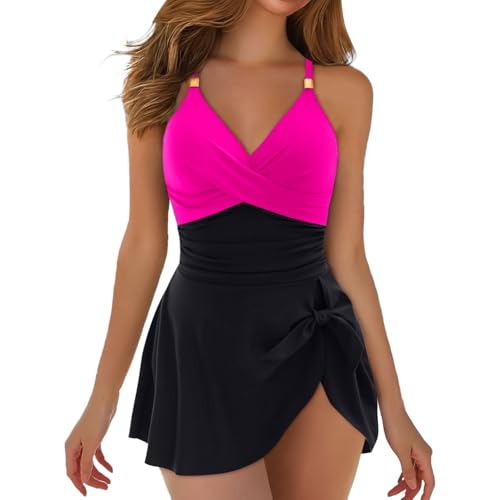 Badeanzug Damen Mit Rock, Badeanzug mit Rock, Einteiler Badekleid Bauchweg mit Brustpolster Elegant Swimsuit Gedruckt Bademode Rückenfrei Badeanzugkleid Schwimmanzug Baderock von Hsternexy